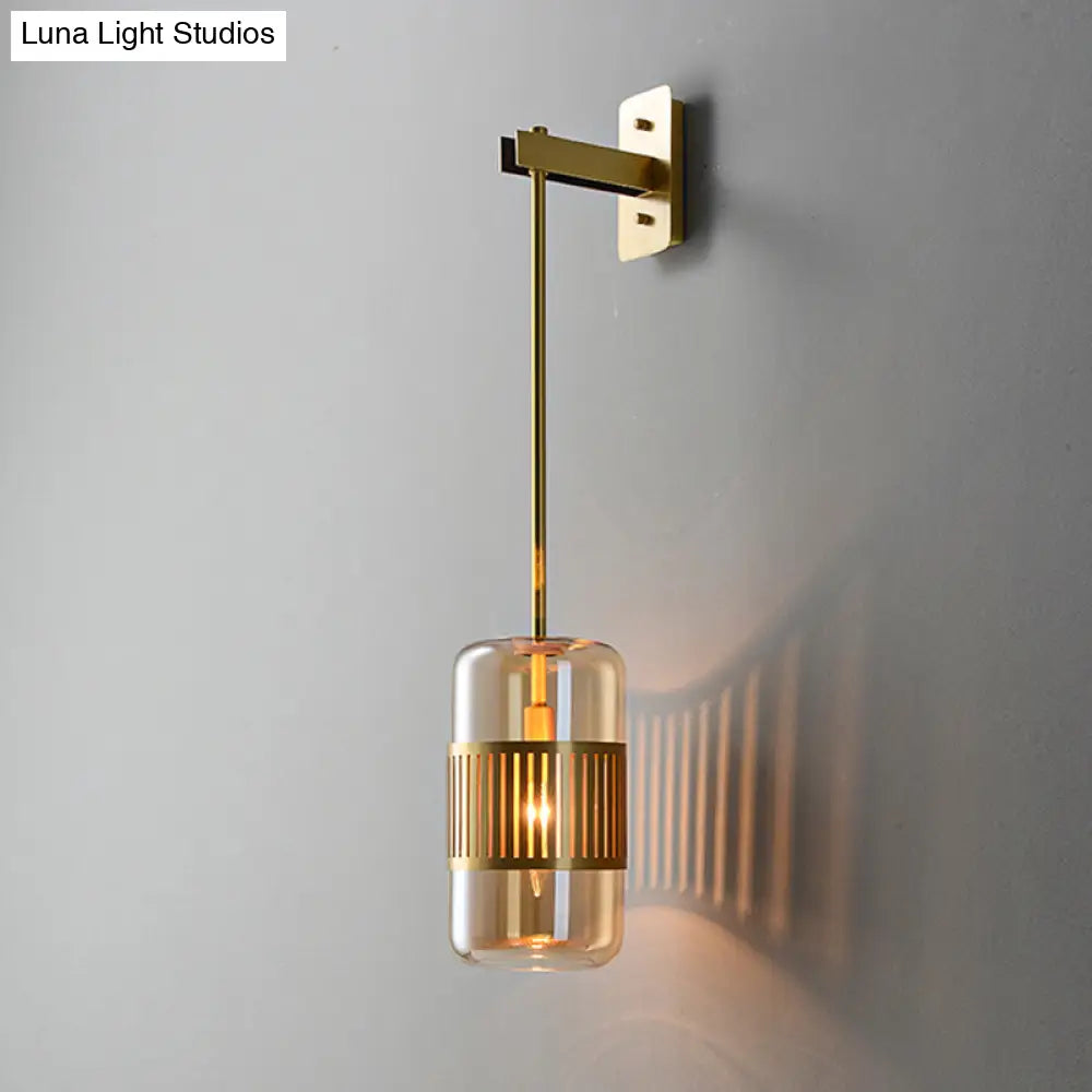 Modern Brass Wall Sconce Light With Glass Shade - Postmodern Cylindrical Fixture