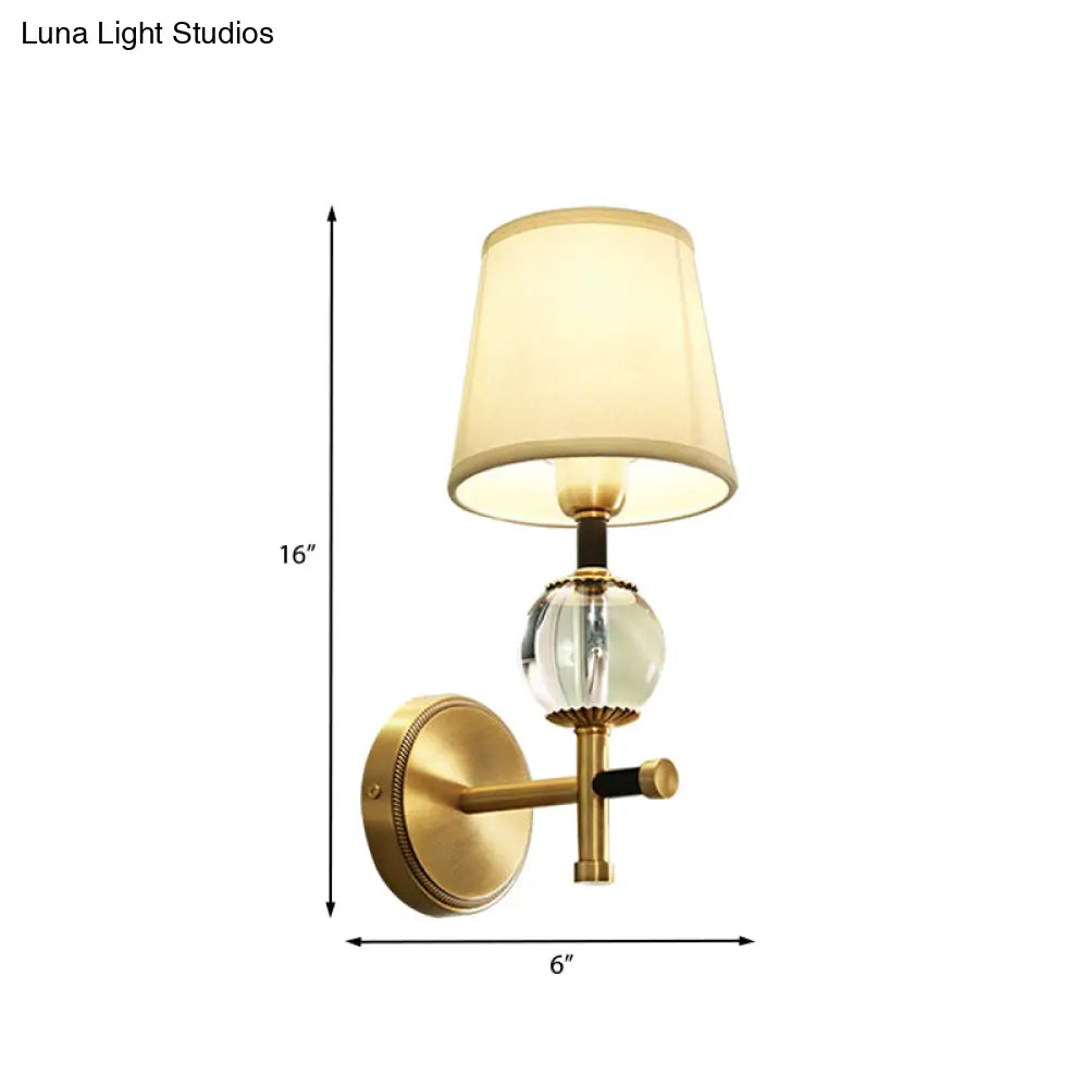 Modern Brass Wall Sconce With Crystal Accent And Fabric Shade