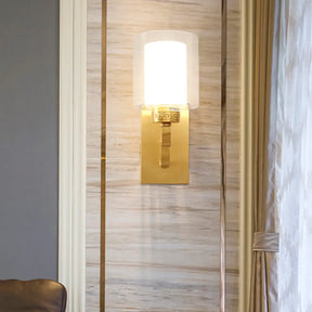 Modern Brass Wall Sconce With Cylinder Shade & Clear/White Glass - Bedroom Lighting Solution