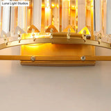 Modern Brass Wall Sconce With Drum-Shaped Clear Crystal Shade - 1 Light Living Room Lighting Fixture