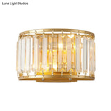 Modern Brass Wall Sconce With Drum-Shaped Clear Crystal Shade - 1 Light Living Room Lighting Fixture