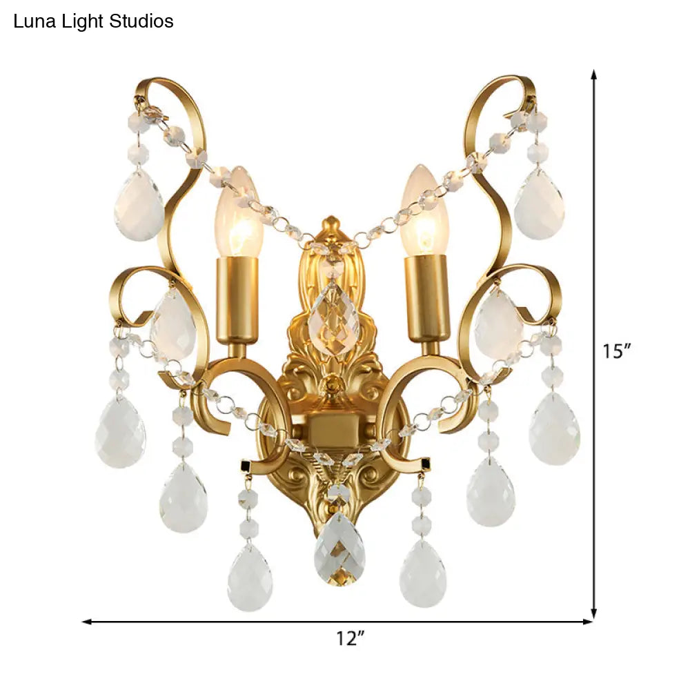 Modern Brass Wall Sconce With Teardrop Crystal - Flush Mount 1/2 Lights