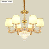 Modern Carved Arm Bedroom Chandelier: Milk Glass 6 Bulbs Gold Crystal Hanging Light