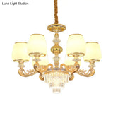 Modern Carved Arm Bedroom Chandelier: Milk Glass 6 Bulbs Gold Crystal Hanging Light