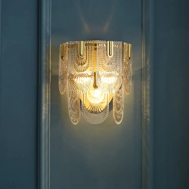 Modern Carved Glass 3-Light Gold Wall Sconce: 2-Layer Wall-Mounted Lamp For Living Room