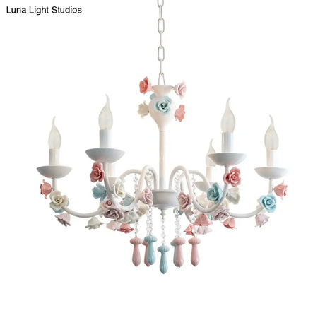 Modern Ceramic Chandelier Pendant Light - Candle Style White Finish With Rose Decoration