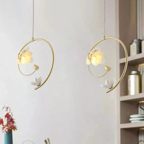 Modern Ceramic Flower Pendant Lamp - Single White Ceiling Light With Gold Scroll Stem