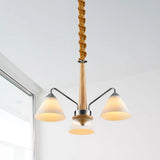 Modern Chrome And Wood Conical Chandelier With Frosted Glass - 3/5 Lights 3 /