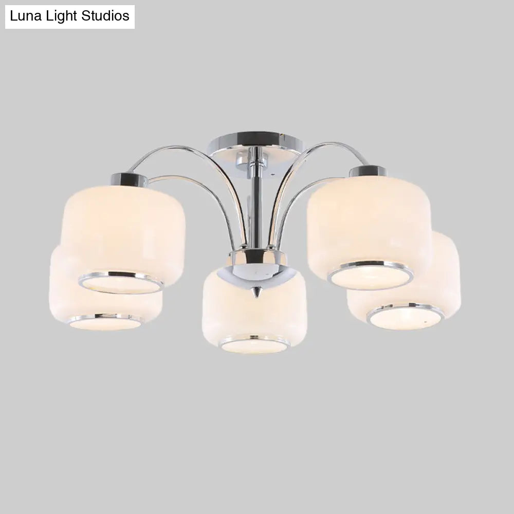 Modern Chrome Arched Semi Flush Light With 5 Metal Heads And Opal Glass Shade