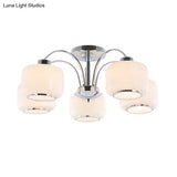 Modern Chrome Arched Semi Flush Light With 5 Metal Heads And Opal Glass Shade