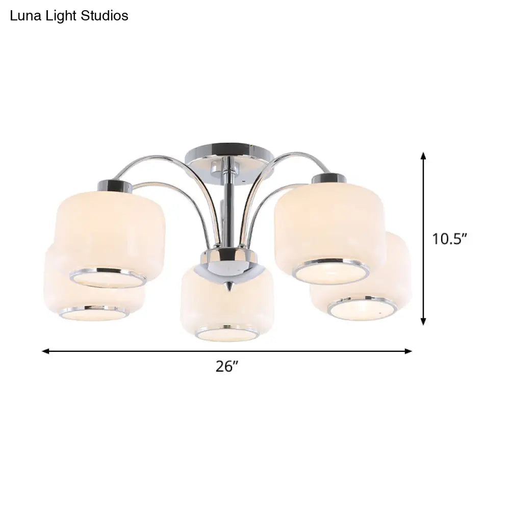 Modern Chrome Arched Semi Flush Light With 5 Metal Heads And Opal Glass Shade