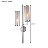 Modern Chrome Armed Wall Lamp With Crackle Glass Shade - 2 Bulb Metal Sconce Light Fixture