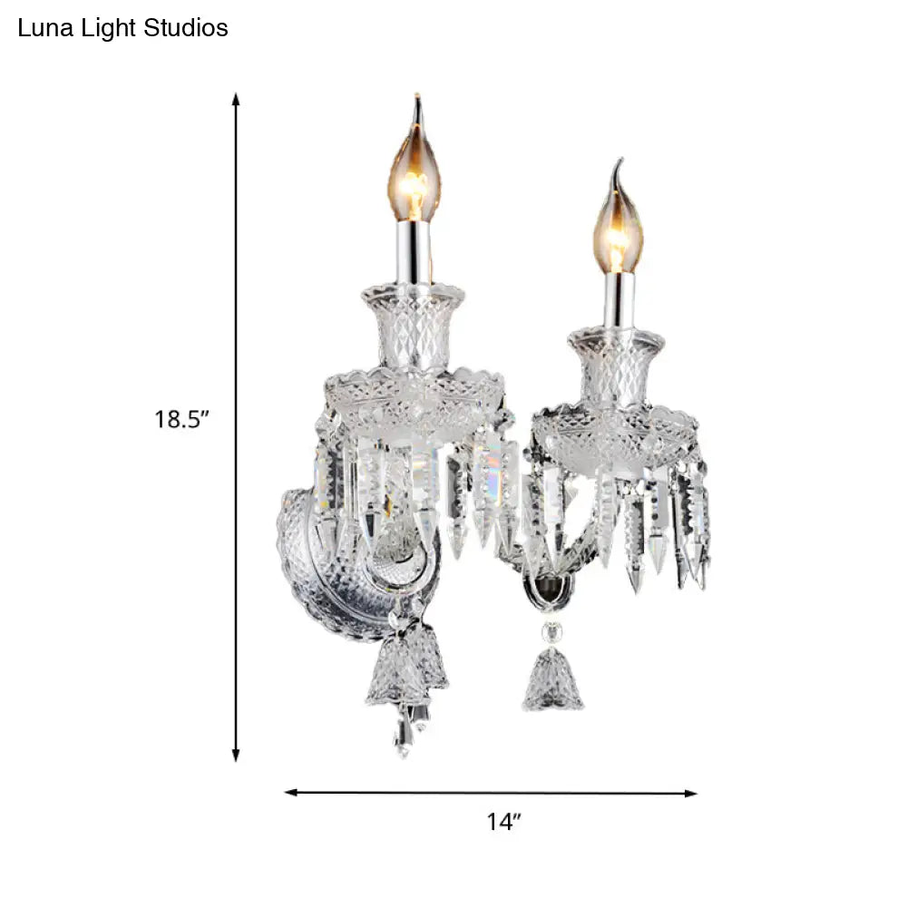 Modern Chrome Candelabra Wall Light With Clear Glass And Diamond Crystal Decoration