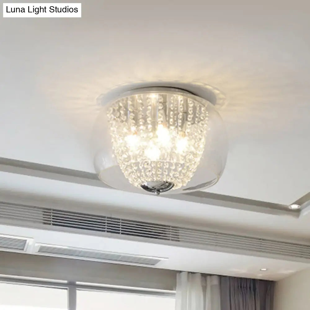 Modern Chrome Ceiling Lamp With Clear Crystal Beaded Strand And 4 Bulbs - Flush Mount Light