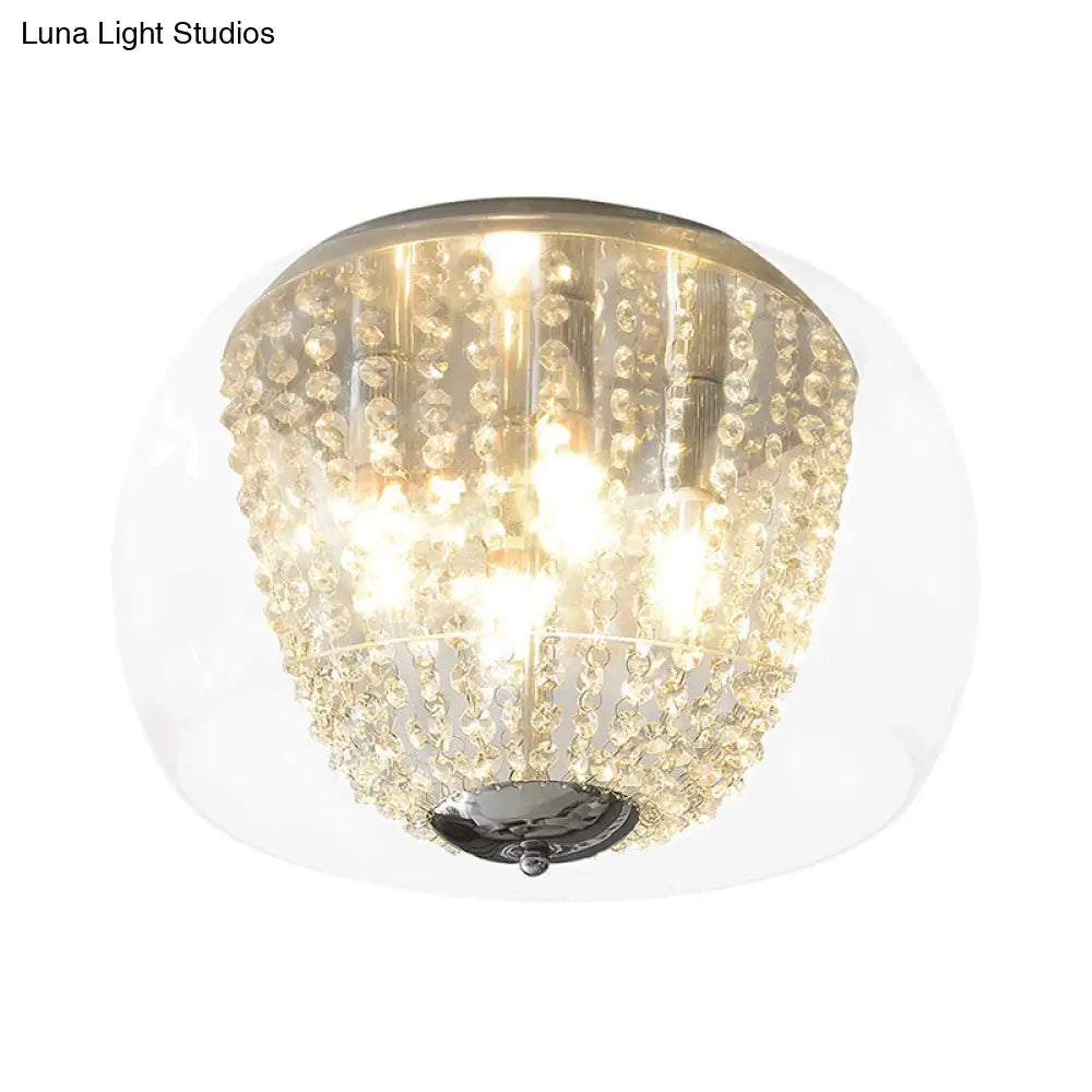 Modern Chrome Ceiling Lamp With Clear Crystal Beaded Strand And 4 Bulbs - Flush Mount Light