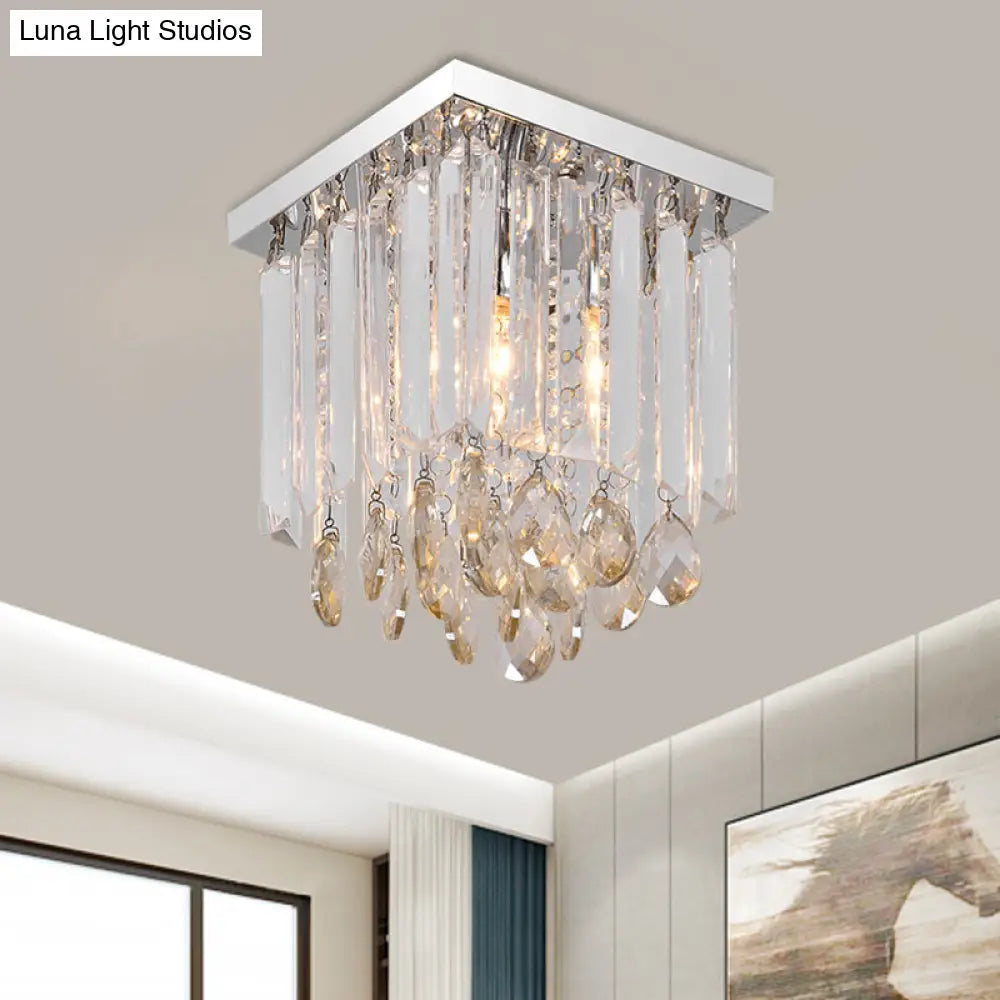 Modern Chrome Crystal Drop Bedroom Ceiling Light - Square Mount 8’/12’ Wide