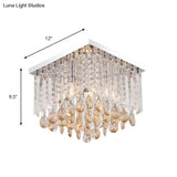 Modern Chrome Crystal Drop Bedroom Ceiling Light - Square Mount 8’/12’ Wide
