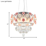 Modern Chrome Drum Cage Pendant Chandelier With 6 Bulbs And Pink Rose Crystal Drape – Dining