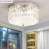 Modern Chrome Drum Flush Light Fixture With 3 Rectangular-Cut Crystal Lights For Bedroom -