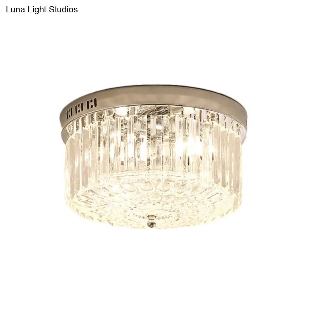 Modern Chrome Drum Flush Light Fixture With 3 Rectangular-Cut Crystal Lights For Bedroom -