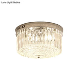Modern Chrome Drum Flush Light Fixture With 3 Rectangular-Cut Crystal Lights For Bedroom -