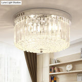 Modern Chrome Drum Flush Light Fixture With 3 Rectangular-Cut Crystal Lights For Bedroom -