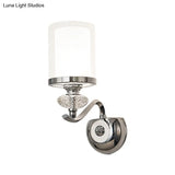 Modern Chrome Dual Cylinder Wall Mount Sconce With Curvy Arm - Simple Bathroom Lighting
