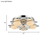Modern Chrome Floral Flushmount Ceiling Light With Crystal Ball Drop - White Glass 3/5-Head Ideal