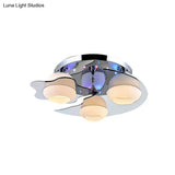 Modern Chrome Floral Flushmount Ceiling Light With Crystal Ball Drop - White Glass 3/5-Head Ideal