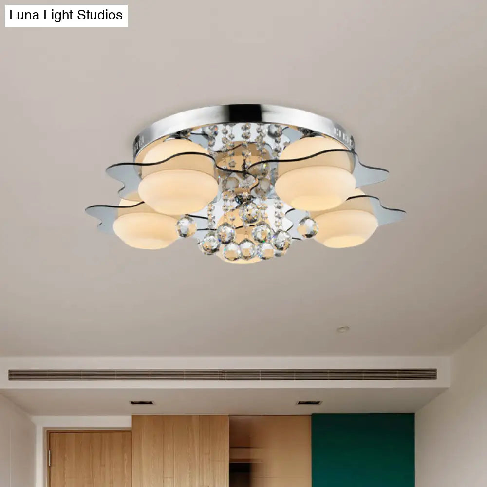 Modern Chrome Floral Flushmount Ceiling Light With Crystal Ball Drop - White Glass 3/5-Head Ideal