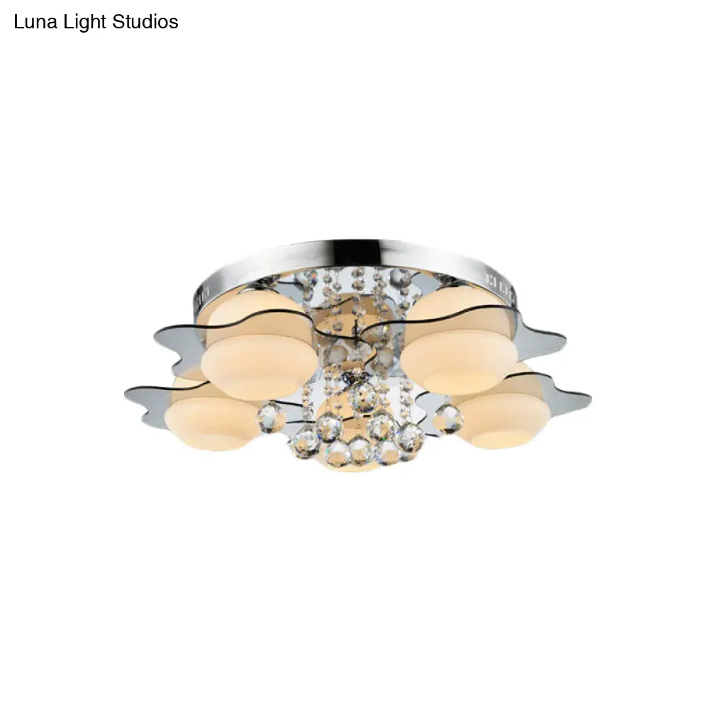 Modern Chrome Floral Flushmount Ceiling Light With Crystal Ball Drop - White Glass 3/5-Head Ideal