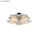 Modern Chrome Floral Flushmount Ceiling Light With Crystal Ball Drop - White Glass 3/5-Head Ideal