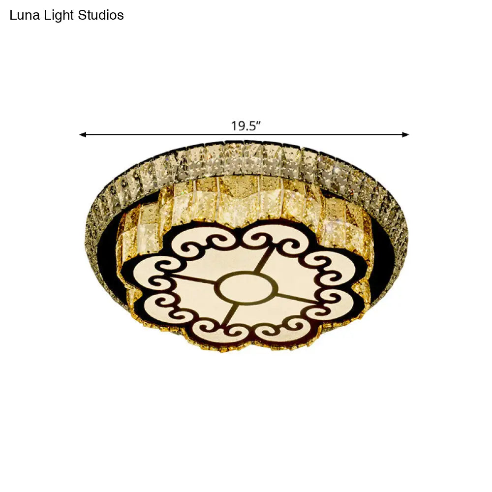 Modern Chrome Flush Mount Ceiling Light With Faceted Glass Floral Design For Bedroom