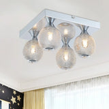 Modern Chrome Flushmount Globe Light With Metal Mesh & Led Illumination - 4 Bulbs