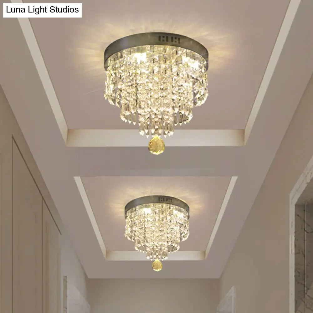 Modern Chrome Led Crystal Flush Mount Fixture With Cascading Corridor Lighting