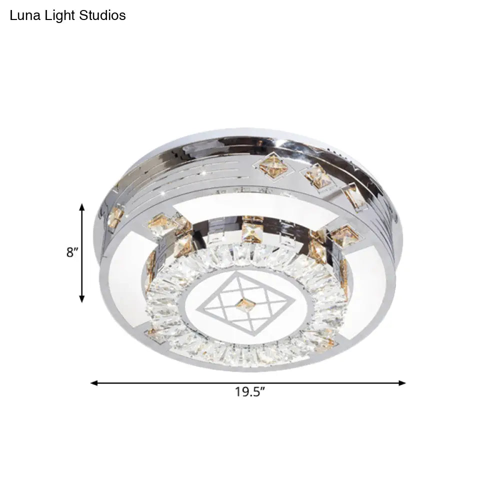 Modern Chrome Led Round Flush Mount Crystal Ceiling Light In Warm/White 19.5’/31.5’ Wide