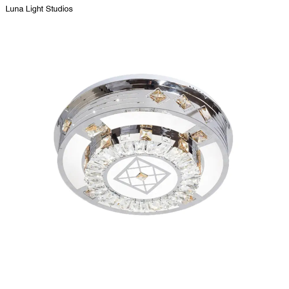 Modern Chrome Led Round Flush Mount Crystal Ceiling Light In Warm/White 19.5’/31.5’ Wide
