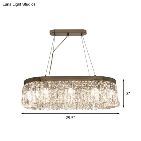 Modern Chrome Oval Island Lamp With Crystal Accents - 10 Head Suspension Pendant Light For Dining