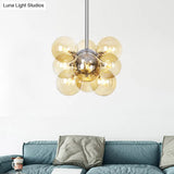 Modern Chrome Pendant Chandelier With Amber Glass Shade - 9 Heads Orb Lighting Fixture