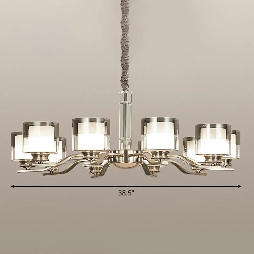 Modern Chrome Restaurant Chandelier With Cylindrical Frosted And Smoke Grey Glass 10 /