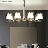 Modern Chrome Restaurant Chandelier With Cylindrical Frosted And Smoke Grey Glass