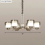 Modern Chrome Restaurant Chandelier With Cylindrical Frosted And Smoke Grey Glass