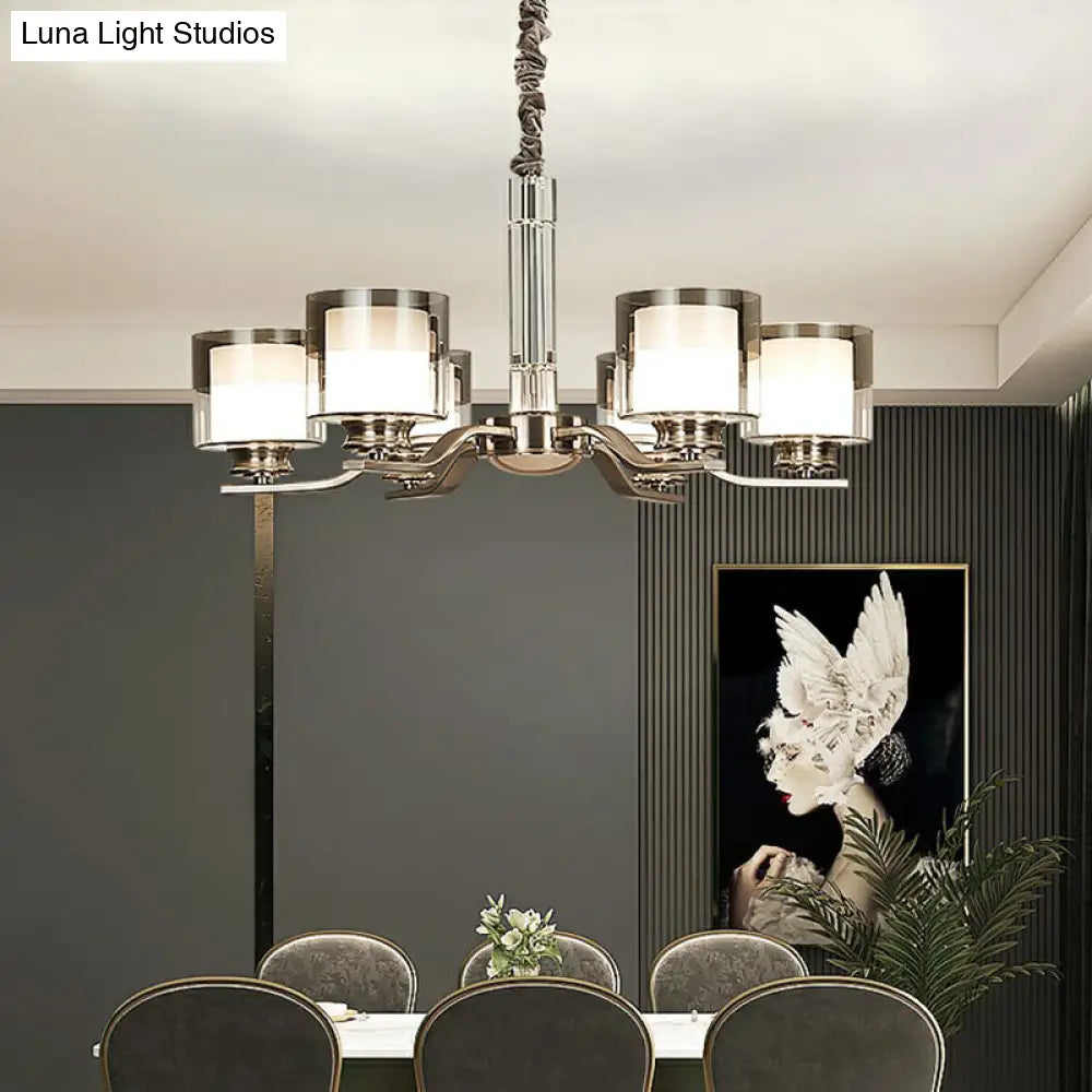 Modern Chrome Restaurant Chandelier With Cylindrical Frosted And Smoke Grey Glass
