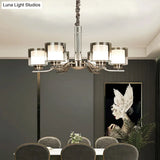 Modern Chrome Restaurant Chandelier With Cylindrical Frosted And Smoke Grey Glass