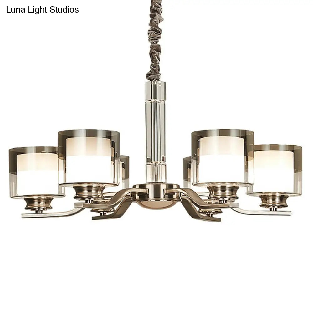 Modern Chrome Restaurant Chandelier With Cylindrical Frosted And Smoke Grey Glass