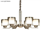 Modern Chrome Restaurant Chandelier With Cylindrical Frosted And Smoke Grey Glass