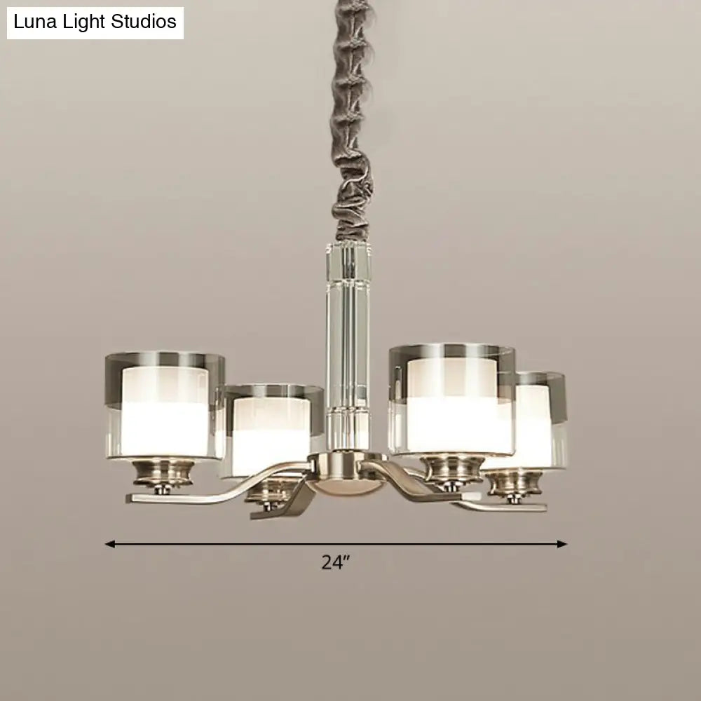 Modern Chrome Restaurant Chandelier With Cylindrical Frosted And Smoke Grey Glass