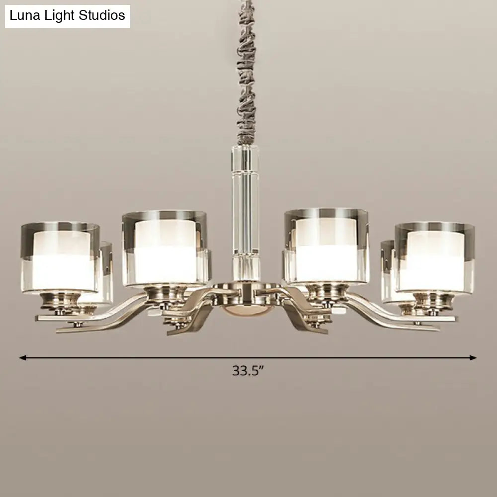 Modern Chrome Restaurant Chandelier With Cylindrical Frosted And Smoke Grey Glass