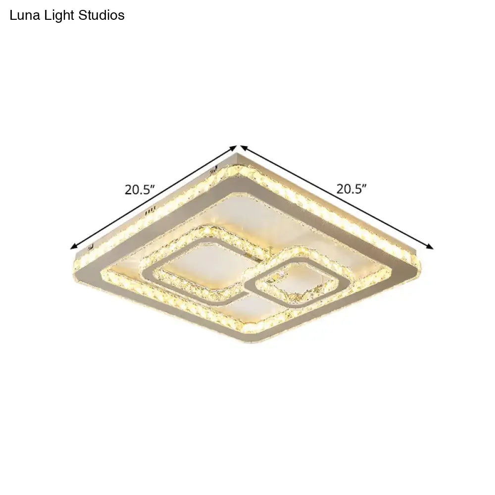 Modern Chrome Square Led Flush Mount Ceiling Lamp With Warm/White Light And Beveled Glass Available