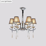 Modern Chrome Tapered Pendant Chandelier With 6 Lights Fabric Shade Crystal Drops - Bedroom Ceiling